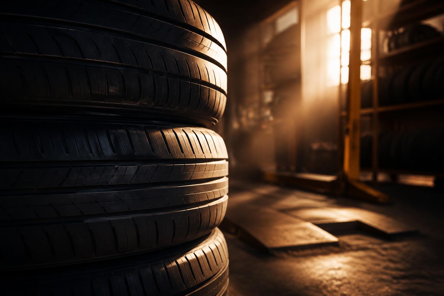Stack of new tires inside Chipy Tires shop